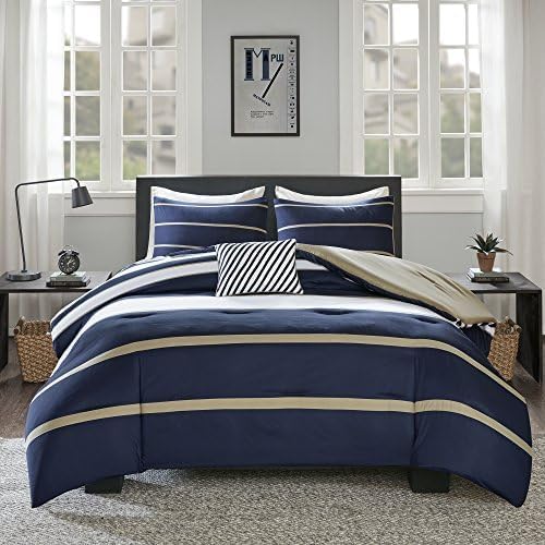 comfort spaces casual comforter set sporty design, vibrant color, active lifestyle boys bedroom décor, all season soft microfiber bedding set, decorative pillow, sham blue/white queen 4 piece