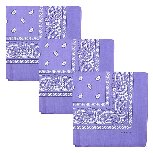 Motique Accessories Set of 3 Paisley Bandanas 100% Cotton 22 Inch Head Scarf Neck Bandana Face Cover (Lavender)