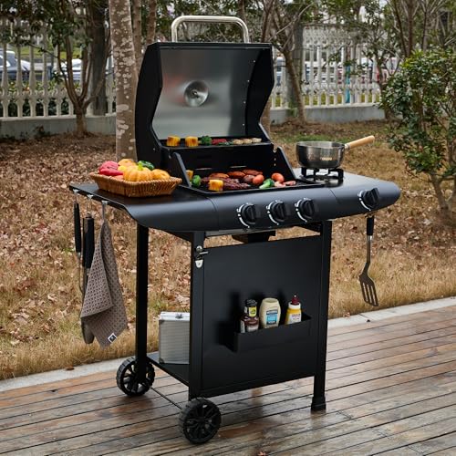Gas Grill BBQ 3 Burner with Cover, Lid and Side Burner, 48 x 42cm Cooking Surface - Ideal for Outdoor Cooking