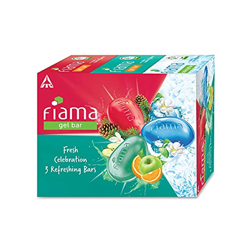 Image of Fiama Gel Bar Celebration Pack, 125g Soap (Buy 4 Get 1 Free) & Fiama Gel Bathing Bar Fresh Celebration pack, with 3 unique gel bars, 125g soap (Pack of 3), Blue