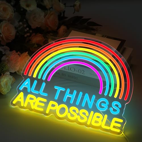 Image of ALL THINGS ARE POSSIBLE Neon Lights, LED Neon Signs for Wall Decor, Rainbow Neon Light Sign Neon Room Decor,USB Night Lights for Bedrooms,Bookshops,Libraries, Classrooms,Florists, Parties, Holiday Gifts(16.5*12.6in)