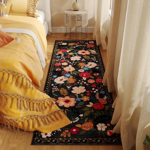 Image of Rugcomf Runner Rug for Hallways Kitchen Rug Non Slip 40 * 120 cm Washable Rugs with Rubber Backing Soft Floral Carpet Runner for Hallways, Kitchen, Laundry, Bedroom, Bathroom(Black)