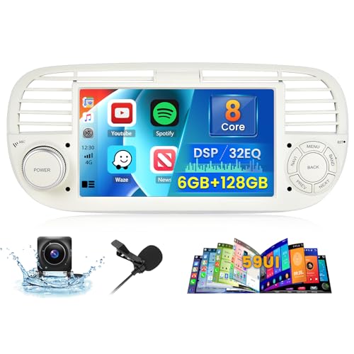 [6G+128G] Inefala Android 15 Autoradio per Fiat 500 2007-2015 con Wireless Carplay Android, 7 Pollici Touchscreen Radio con Navi GPS WiFi RDS/FM Bluetooth EQ SWC Retrocamera Mic (Bianco)