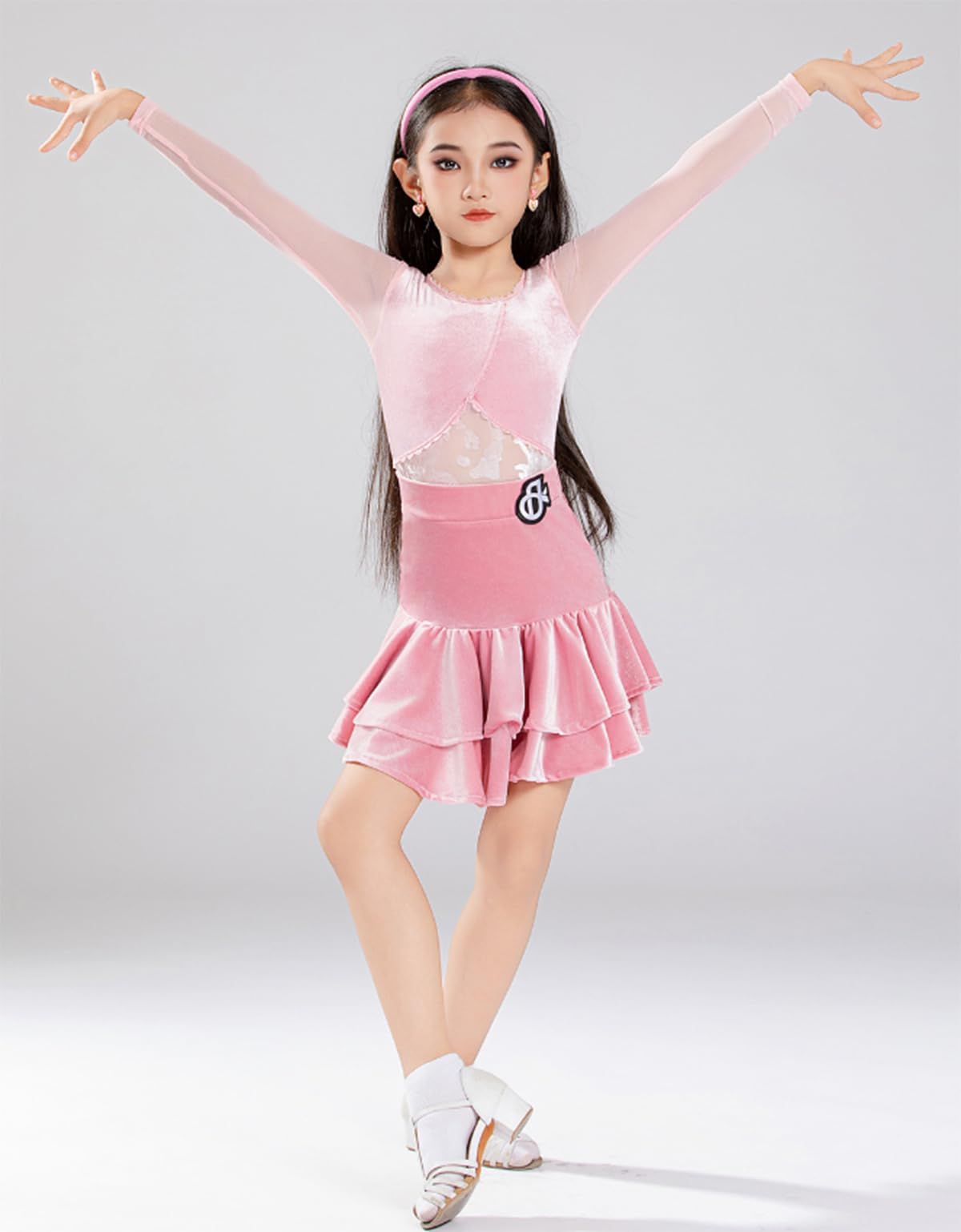 Lateintanz-Wettbewerbsoutfit für Mädchen, Samt-Tanzkleid mit Langen Ärmeln, Kinder-Cha-Rumba-Tanztrainings- und Wettkampfkleidung