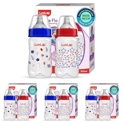 Image of LuvLap Anti-Colic Wide Neck Natura Flo Baby Plastic Feeding Bottle, 250Ml (Pack of 8), New Born /Infants /Toddler Upto 3 Years, Stars, BPA Free