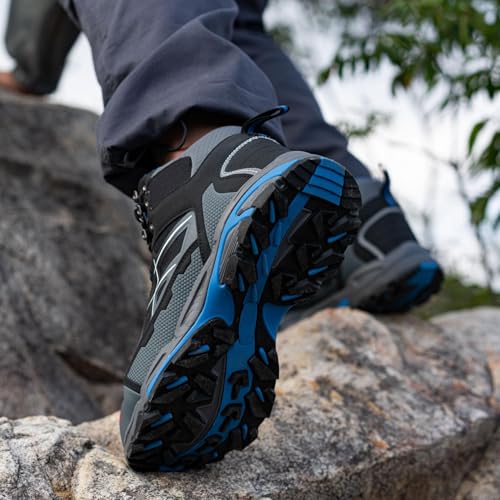 LARNMERN Steel Toe Work Boots Men,Non Slip Safety Shoes,Comfortable Industrial and Constructio Hiking Sneakers(9.5 Men, Black/Blue)