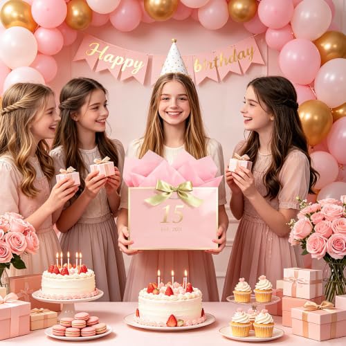 Image of JMANNI Birthday Gift Bag with Card and Tissue Paper for Men Women Him, Elegant Pink Gold Anniversary Keepsake Party Present Shopping Paper Bags for Gifts Wrapping Pink / 13 inch Medium /EST.2011 15th