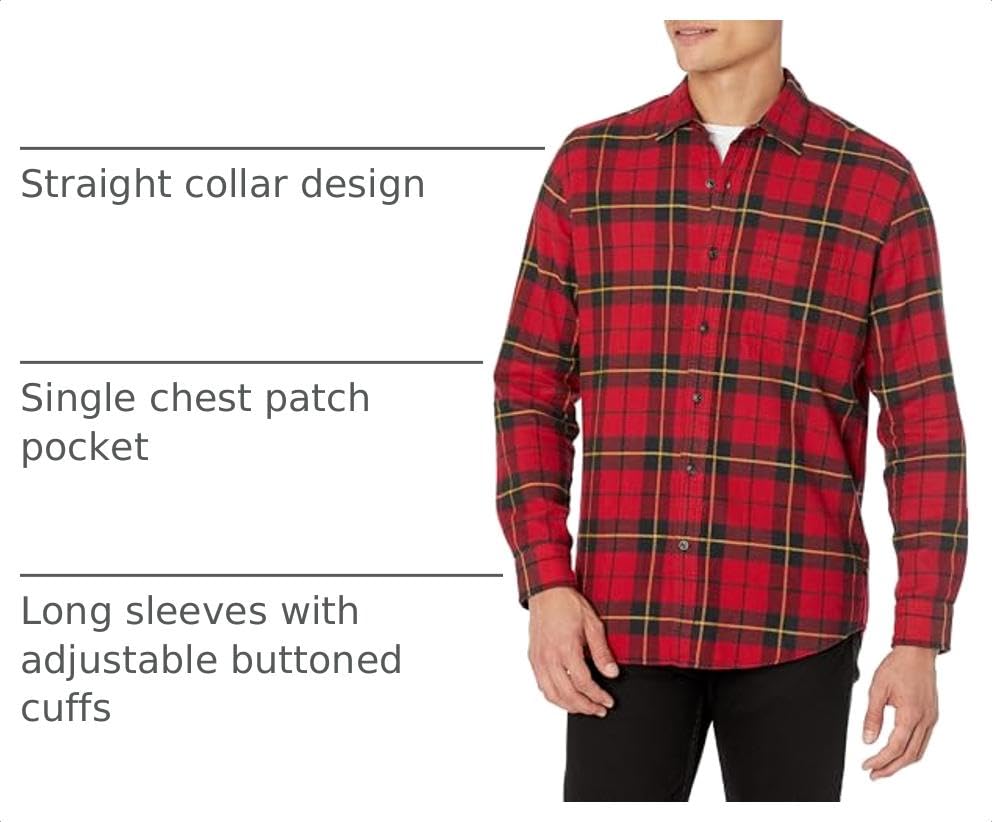 Image of Amazon Essentials Men's Regular Fit Long-Sleeve Flannel Shirt, Soft Brushed Cotton, Lightweight yet Warm