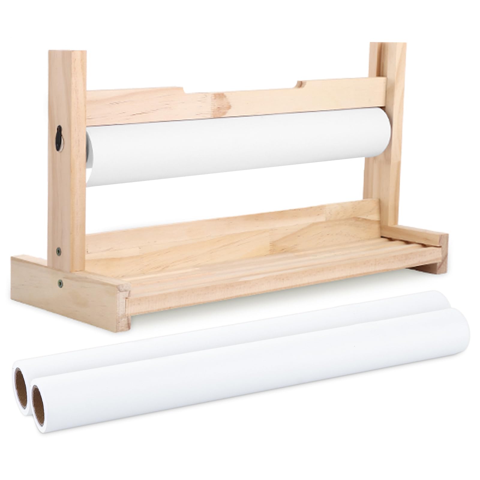 LOLYSIC Drawing Paper Roll with Holder, 2 Rolls 36 cm x 5 m White 70gsm Art Easel Paper Roll, Wooden Tabletop Paper Roll Dispenser for Kids Drawing, Painting, Sketching, Crafts and Classroom