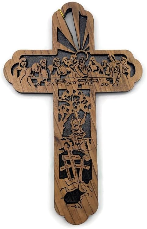 Last Supper Cross for Wall, Set of 5 Olive Wood Holy Land Cross from Bethlehem, Cross Christmas Tree Ornament, Wooden Cross Wall Decor, Religious Gifts for Home, Cross Christmas Decorations