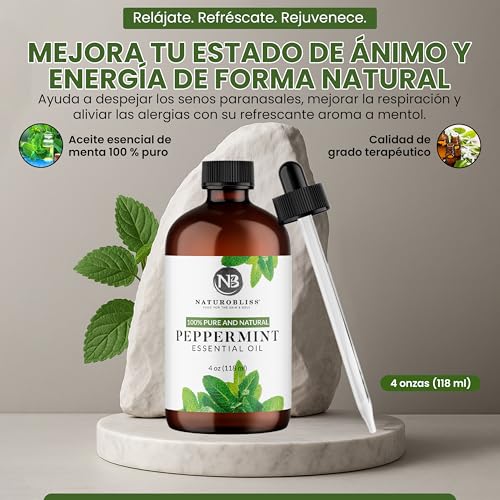 Image of NaturoBliss Peppermint Essential Oil, 100% Pure and Natural Therapeutic Grade, Premium Quality Peppermint Oil, 4 fl. Oz - Perfect for Aromatherapy and Relaxation