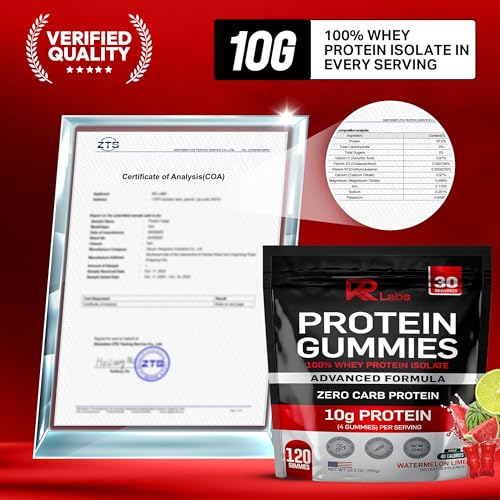 Image of Zero Carb 100% Pure Whey Isolate Protein Gummies | 300g Total Protein per Bag | 10g per Serving Plant Based with Vitamins for Men & Women | Gluten Free Non-GMO | Watermelon Lime | 120 Count