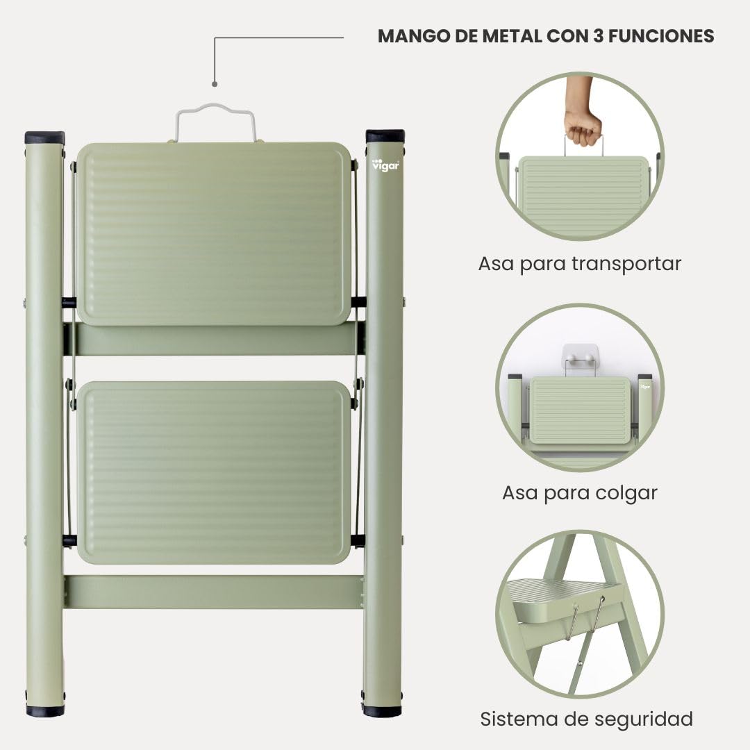 Vigar Escalera Plegable - 2 Peldaños de Acero, Taburete Plegable Portatil Antideslizante con Asa Metal, Taburete Escalera Banquito Step Stool hasta 150 kg, Compacto Ligero para Cocina Hogar - Verde