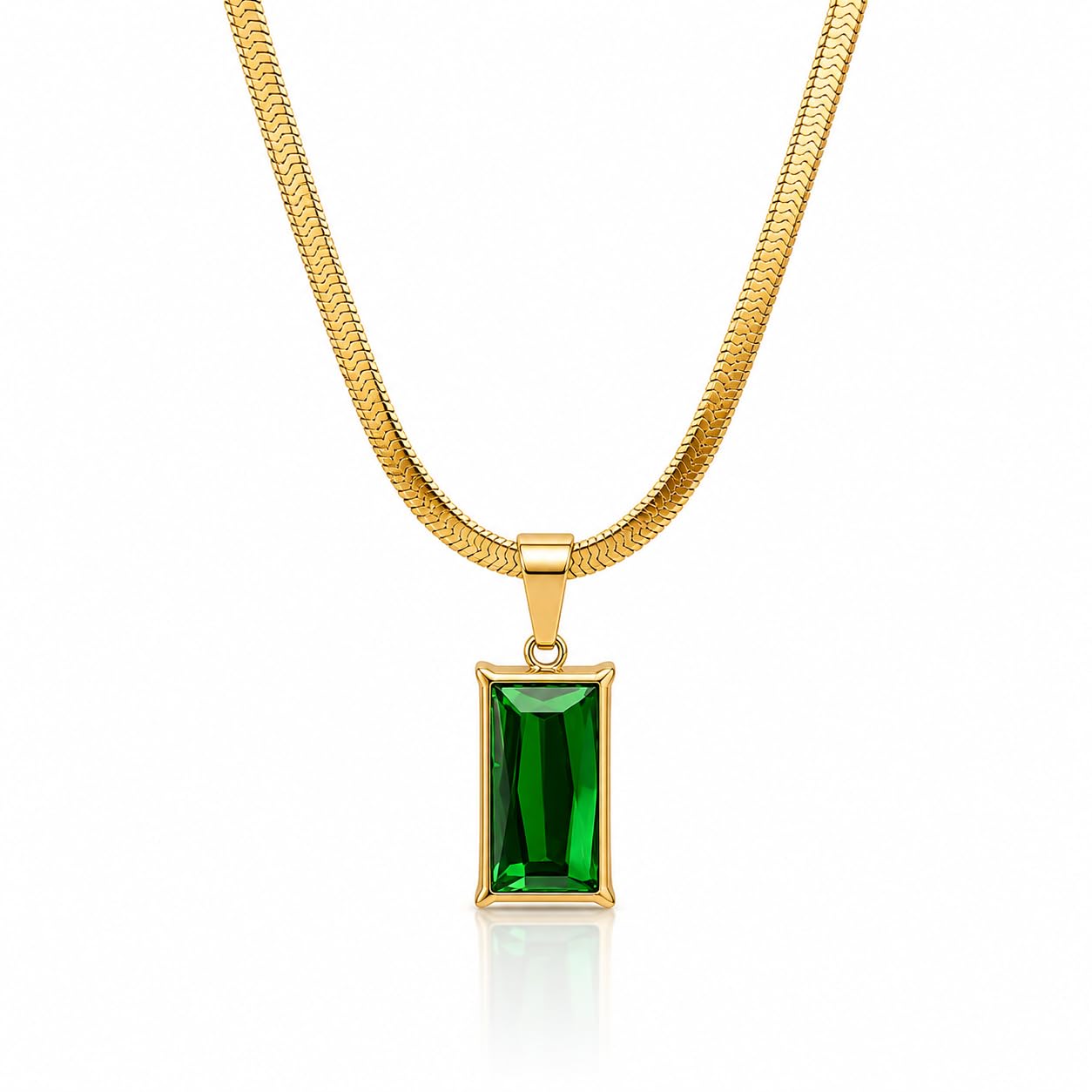 Emerald Studded Anti-Tarnish Gold Plated Stainless Steel Flat Snake Chain Necklace |Green Waterproof Chain Layering Pendant | Gifts for Women and Girls-image-43