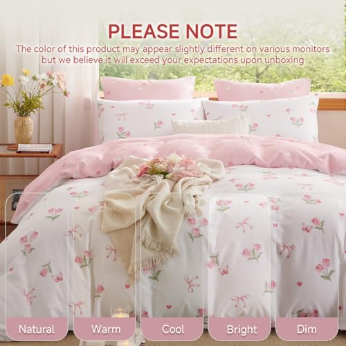 Image of Floral Duvet Cover Set Twin Size,Pink Tulip Bow Ties Reversible Bedding Set with Heart Pattern for Girls Kids,Romantic Microfiber Comforter Cover 2Pcs with Zipper Closure and 1 Pillowcase