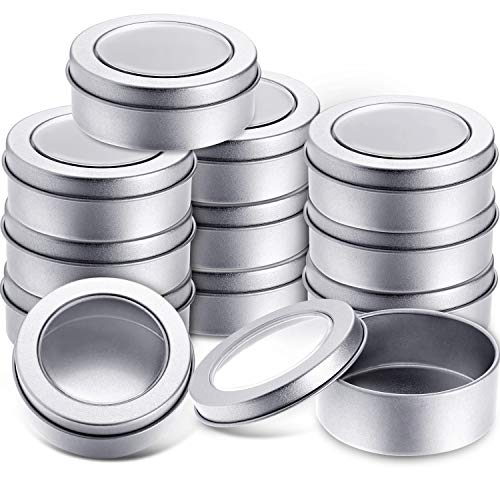 2 Ounce Metal Tin Cans Round Empty Container Cans with Clear Top for Kitchen, Office, Candles, Candies (12 Packs)