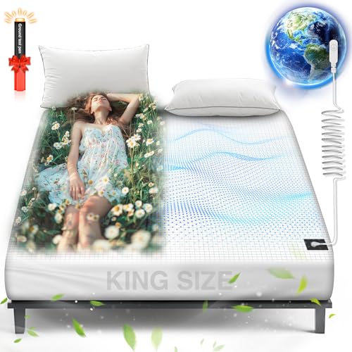 AsmrCap Erdungsmatte aus Bio-Baumwolle und Silberfaser, Kingsize, Bett-Erdungs-Set mit Kordel [193 x 203,2 x 33 cm, Weiß-Kingsize-Bett]