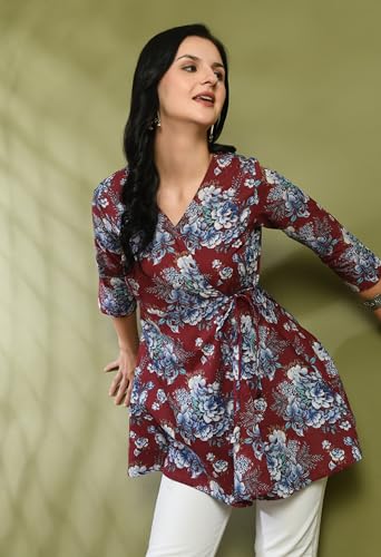 Image of feranoid Floral Print Angrakha 3 Sleeves Flared Kurti