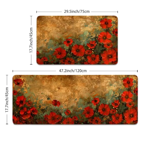 YWZDS Red Poppy Flowers Kitchen Rugs Set of 2 - Retro Plants Washable Non-Slip Faux Linen Floor Mats(17.7''x29.5''+17.7''x47'') - Kitchen Mats for Home Office Bedroom Bathroom Laundry (Red 1) by YWZDS - Used condition - Image 7