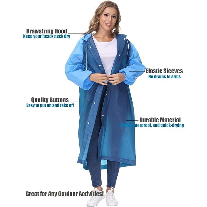 Image of Kolva Women EVA Plain Rain Coat Hooded Outdoor Water Resistant Portable Raincoat Suit (Blue) (1 Piece)