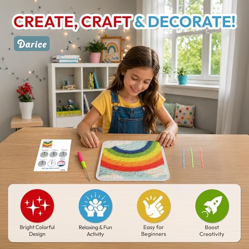 Image of Darice Latch Hook Rug Kit, Rainbow Design DIY Latch Hook Kit for Kids & Adults, Color Canvas, PreCut Yarn & Hook Tool, Craft Activity & Gift for Kids