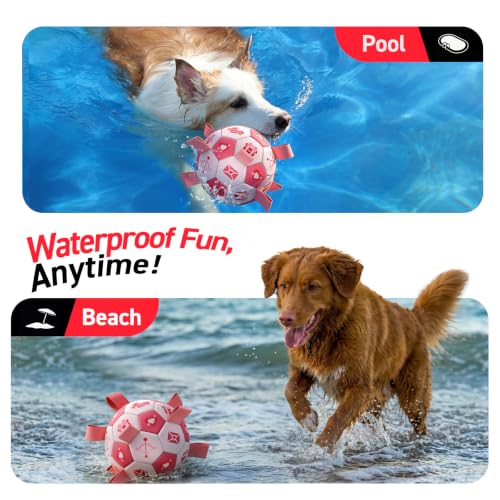Image of QDAN Dog Birthday Toys, Pink Soccer Ball with Straps, Interactive Tug of War Toy, Puppy Birthday Gifts, Water Toy, Durable Dog Balls for Medium Large (8 Inch)