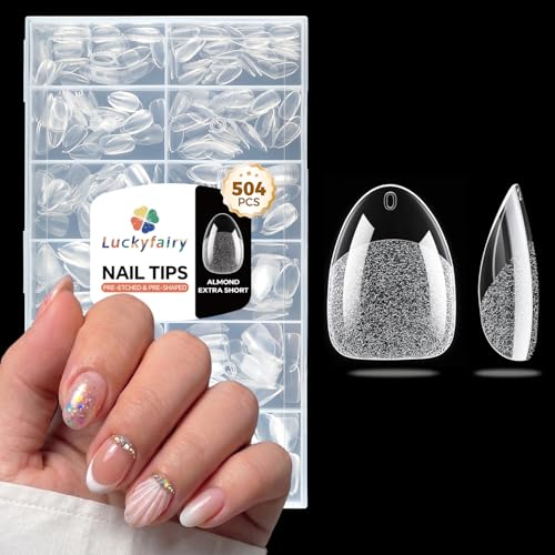 Luckyfairy Extra Short Almond Fake Nails 504pcs Soft Gel Pre-Shaped Acrylic Nail Tips Half Matte Full Cover Clear Gelly Press on Flase Nail Tips for Extension Nail Manicure Home DIY 12 Sizes