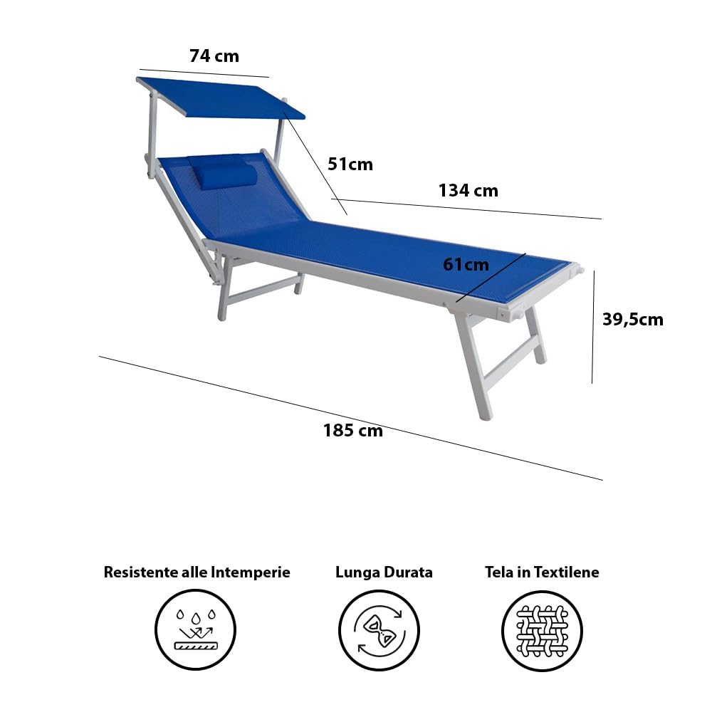 L-śródziemnomorski łóżeczko morskie profesjonalne składane aluminium z dachem przeciwsłonecznym i tapicerką Textilene, plaża, basen i ogród (Biała rama niebieska Textilen)