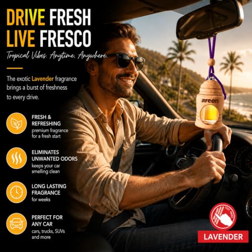 Image of AREON Fresco Premium Hanging Car Air Freshener, Lavender, Pack of 1 | Premium Wooden Hanging Car Air Freshener with an Elegant, Compact Design. Suitable for Use in Cars, Suvs, Vans, and Trucks.