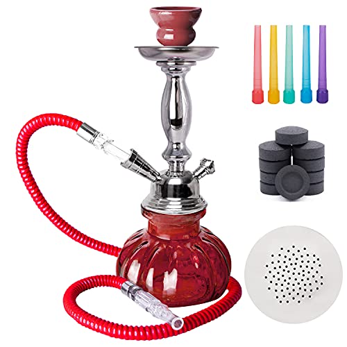 12.5â€ Pumpkin Hookah Starter Set, Portable Hookah with Accessories, Single Hose Mini Pumpkin Hookah Kit, with 10 Coals, 10 Disposable Tips (Long Tips), and 50 Pre-Punched Hookah Foils (Red)