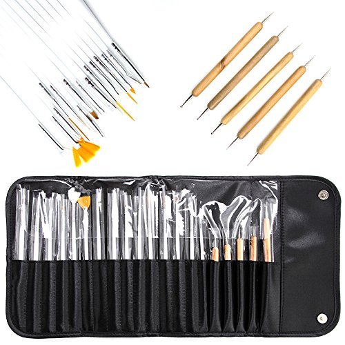 Yamde 20pcs Nail Art Design Brushes Set, Dotting Pens, Marbling Detailing Painting Tools Kit with Roll-Up Pouch-Professional Nail Art Supplies for For Women Girls Teens