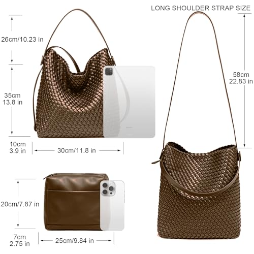 Image of Large Woven Tote Bag Vegan Leather Shoulder Bag for Women Fashion Travel Shopper Bag Top Handle Handbag and Purse
