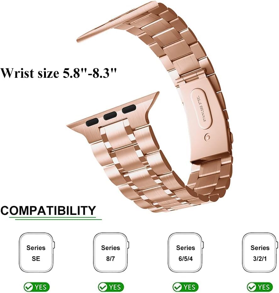 chuangshiji Compatible with Apple Watch Band 38mm 40mm 41mm Women Men, Metal for iWatch Band Series 9/8/7/6/5/4/3/2/1/SE (Rose Gold, 38mm/40mm/41mm) - Image 2