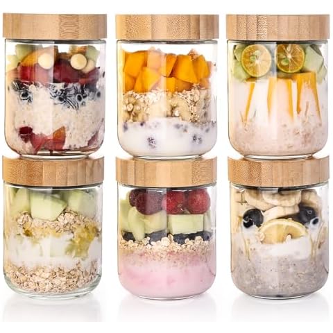 Liuruiyu 6-Pack Glass Oats Containers with Bamboo Lids Cover