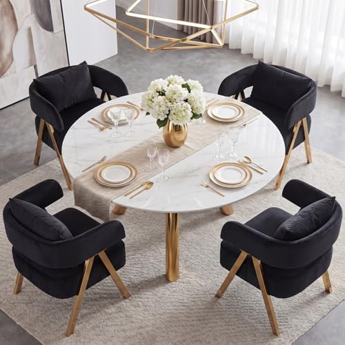 Image of Modern Velvet Dining Chairs Set of 4 with Arms and Gold Metal Legs, Black