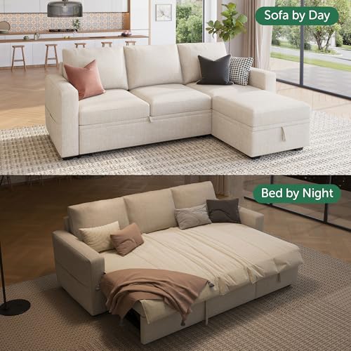 Image of HONBAY Modular Sectional Sleeper Sofa with Pull Out Bed, L Shaped Couch with Storage Seat, Modular Sectional Couches for Living Room - Beige