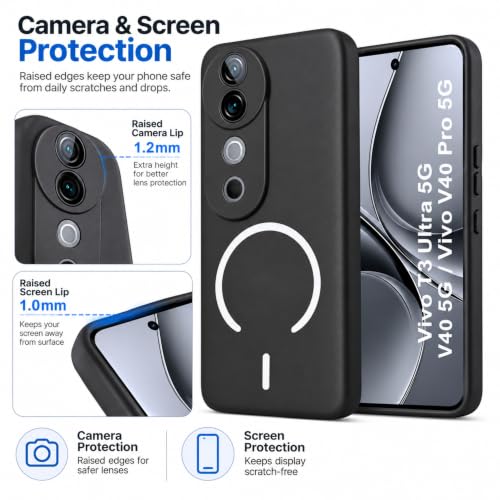 Image of SBMS Silicone Back Cover Case for Vivo V40 5G / V40 Pro / T3 Ultra | Soft Micro-Fibre Lining Inside | Magsafe Print On Back Side Camera Protection Bump | Shockproof Case Vivo V40 (Black)