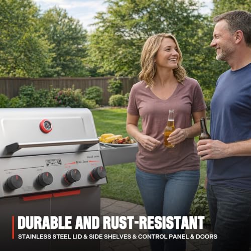 Image of Monument Grills 4 Burner Stainless Steel Propane Mesa 2 Gas Grill, 500F in 5 Mins, 525 sq.in, 37,000 BTU, Broil Zone, Foldable Side Shelves, Knob Controls, Built in Thermometer, with Grill Cover