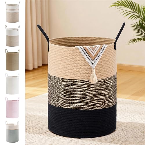 Image of 58L Tall Cotton Rope Laundry Basket with Handles, Brown & Black