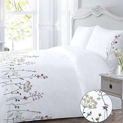 YINFUNG White Flower Duvet Cover Set Queen Floral Cotton Pink Flowered Spring Elegant Wildflower Embroidered Pretty Botanical French Country Textured 90x90 Garden Girls Cottage 3PC Zip Bedding Set