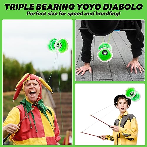 Image of MAGICYOYO Pro Triple Bearing Diabolo Medium Size 5 inch Blue Chinese Yoyo Toy with 2 Pair Carbon Sticks+ 2 Extra Strings +1 Net Bag, High Performance Chinese Yoyo Diabolo Skill Toy - Green White