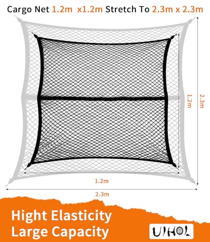 Gepäcknetz für Pickup und Auto, doppelt dehnbar, 1,2 x 1,2 m bis 2,3 x 2,3 m, mit 6 Stahlkarabinern+4 ABS Haken, für ATV, SUV, UTV, Booten