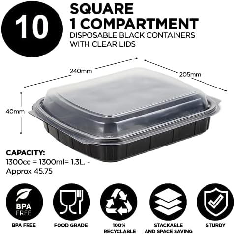 Sabco - Square 1 Compartment Reusable Meal Prep Containers Black Base with Lids BPA Free - Ideal for Batch Cooking Food Diet & Bodybuilding, Lunch Box, Takeaways & Airlines.