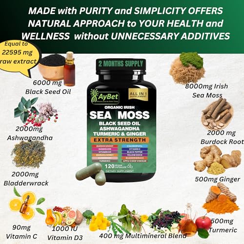 Organic Irish Sea Moss, Black Seed Oil, Ashwagandha, Turmeric,Ginger Capsule, Bladderwrack, Burdock, VIT C&VIT D3, Elderberry, Manuka Honey, Dandelion, Yellow Dock, Apple Cider Vinegar, Halal, Vegan - Image 3