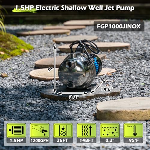 Image of FLUENTPOWER Shallow Well /Deep Garden Pump, 1.5HP 1200GPH Portable Water Booster Jet Pump for Home, Garden, Lawn, Sprinkler Irrigation, Water Transfer, Stainless Steel