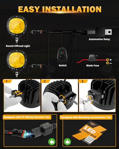 Image of Auxbeam 4In 90W Amber Round Led Offroad Lights 2PCS 9000LM Amber Fog Super Bright Driving Light with Wiring Harness Kit Spot Beam Pod Light for Truck SUV ATV UTV Jeep Wrangler Motorcycle