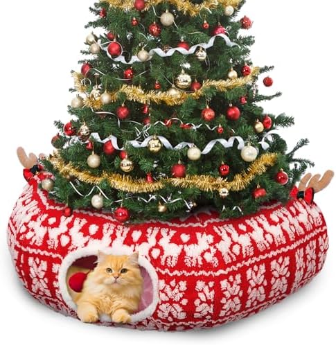 Cat Tunnel Christmas Tree Skirt, Cute Cat-Proof Tunnel Bed Under Christmas Tree with Washable Cushion, Soft Pet Donut Cave Decorative Tube Bed, Pet Toy Gifts Xmas Tree Protector from Cats