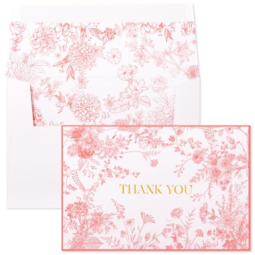 Crisky Pink Floral Thank you cards Gold Foil Greeting Notes Bulk with Envelopes(50 Pack) for Birthday, Baby Shower, Bridal Shower, Wedding, Graduation