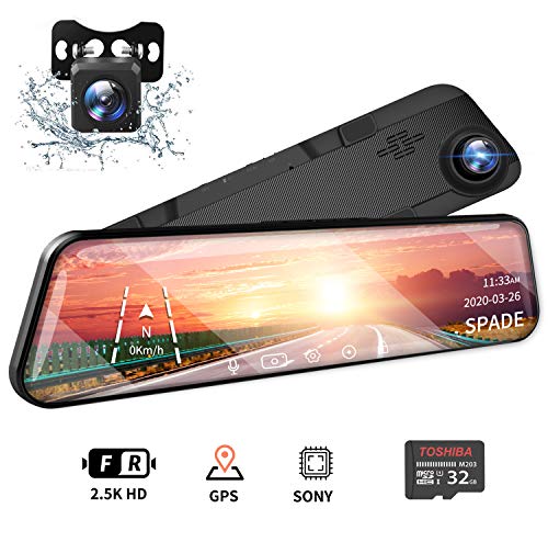 SPADE 12" Mirror Dash Cam 2560P Backup Camera with GPS Touch Screen Front