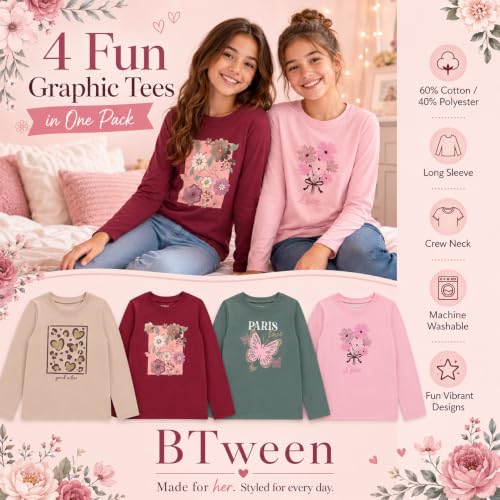 Image of BTween Girls 4 Pack Long Sleeve Graphic T-Shirts Cotton Blend, Fun Vibrant Designs